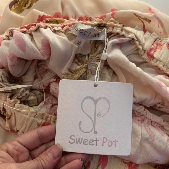 SWEET POT Cream & Pink Floral Print Strapless Blouson Dress - NWT - Picture 12 of 13